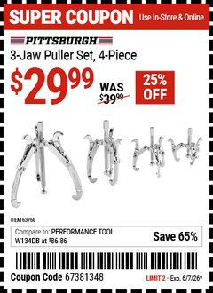 Harbor Freight Coupon PITTSBURGH 3-JAW PULLER SET, 4-PIECE Lot No. 63760 Expired: 6/7/26 - $29.99