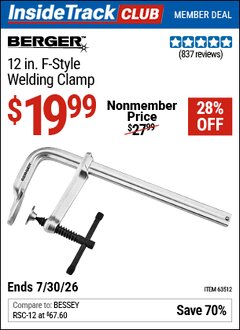Harbor Freight ITC Coupon BERGER 12 IN. F-STYLE WELDING CLAMP Lot No. 63512 Expired: 7/30/26 - $19.99