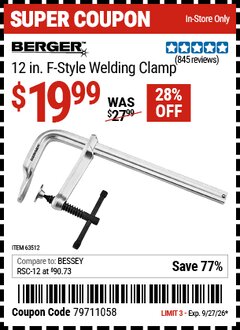 Harbor Freight Coupon BERGER 12 IN. F-STYLE WELDING CLAMP Lot No. 63512 Valid Thru: 9/27/26 - $19.99