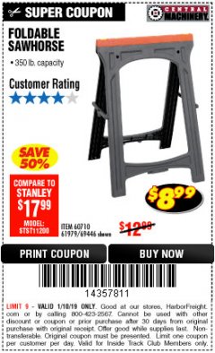 Harbor Freight ITC Coupon CENTRAL MACHINERY 31 IN. PVC FOLDING SAWHORSE, 350 LB. CAPACITY Lot No. 61979 Expired: 1/10/19 - $8.99