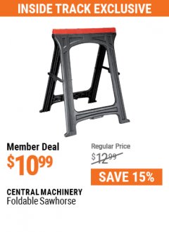 Harbor Freight ITC Coupon CENTRAL MACHINERY 31 IN. PVC FOLDING SAWHORSE, 350 LB. CAPACITY Lot No. 61979 Expired: 7/29/21 - $10.99