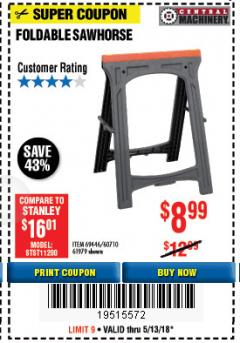 Harbor Freight Coupon CENTRAL MACHINERY 31 IN. PVC FOLDING SAWHORSE, 350 LB. CAPACITY Lot No. 61979 Expired: 5/13/18 - $8.99
