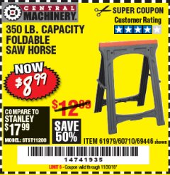 Harbor Freight Coupon CENTRAL MACHINERY 31 IN. PVC FOLDING SAWHORSE, 350 LB. CAPACITY Lot No. 61979 Expired: 11/30/18 - $8.99