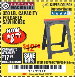 Harbor Freight Coupon CENTRAL MACHINERY 31 IN. PVC FOLDING SAWHORSE, 350 LB. CAPACITY Lot No. 61979 Expired: 11/30/18 - $8.99