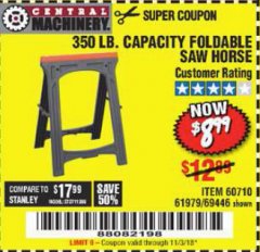 Harbor Freight Coupon CENTRAL MACHINERY 31 IN. PVC FOLDING SAWHORSE, 350 LB. CAPACITY Lot No. 61979 Expired: 11/3/18 - $8.99
