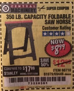 Harbor Freight Coupon CENTRAL MACHINERY 31 IN. PVC FOLDING SAWHORSE, 350 LB. CAPACITY Lot No. 61979 Expired: 2/5/19 - $8.99
