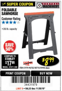 Harbor Freight Coupon CENTRAL MACHINERY 31 IN. PVC FOLDING SAWHORSE, 350 LB. CAPACITY Lot No. 61979 Expired: 11/30/18 - $8.99