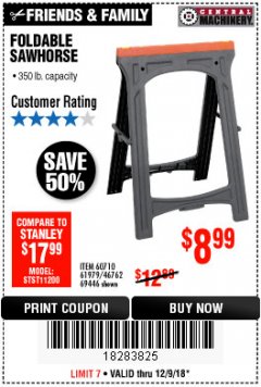Harbor Freight Coupon CENTRAL MACHINERY 31 IN. PVC FOLDING SAWHORSE, 350 LB. CAPACITY Lot No. 61979 Expired: 12/9/18 - $8.99