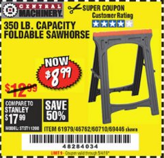 Harbor Freight Coupon CENTRAL MACHINERY 31 IN. PVC FOLDING SAWHORSE, 350 LB. CAPACITY Lot No. 61979 Expired: 5/4/19 - $8.99