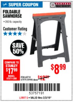 Harbor Freight Coupon CENTRAL MACHINERY 31 IN. PVC FOLDING SAWHORSE, 350 LB. CAPACITY Lot No. 61979 Expired: 2/3/19 - $8.99