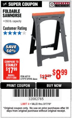 Harbor Freight Coupon CENTRAL MACHINERY 31 IN. PVC FOLDING SAWHORSE, 350 LB. CAPACITY Lot No. 61979 Expired: 3/17/19 - $8.99
