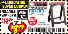 Harbor Freight Coupon CENTRAL MACHINERY 31 IN. PVC FOLDING SAWHORSE, 350 LB. CAPACITY Lot No. 61979 Expired: 5/31/19 - $8.99