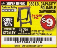 Harbor Freight Coupon CENTRAL MACHINERY 31 IN. PVC FOLDING SAWHORSE, 350 LB. CAPACITY Lot No. 61979 Expired: 8/31/19 - $9