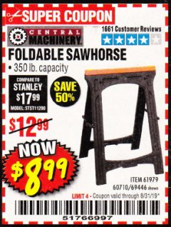 Harbor Freight Coupon CENTRAL MACHINERY 31 IN. PVC FOLDING SAWHORSE, 350 LB. CAPACITY Lot No. 61979 Expired: 8/31/19 - $8.99