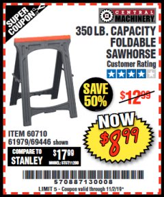 Harbor Freight Coupon CENTRAL MACHINERY 31 IN. PVC FOLDING SAWHORSE, 350 LB. CAPACITY Lot No. 61979 Expired: 11/2/19 - $8.99