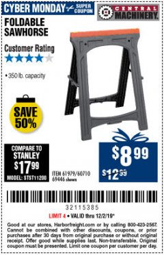 Harbor Freight Coupon CENTRAL MACHINERY 31 IN. PVC FOLDING SAWHORSE, 350 LB. CAPACITY Lot No. 61979 Expired: 12/1/19 - $8.99