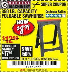 Harbor Freight Coupon CENTRAL MACHINERY 31 IN. PVC FOLDING SAWHORSE, 350 LB. CAPACITY Lot No. 61979 Expired: 1/27/20 - $8.99