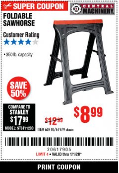Harbor Freight Coupon CENTRAL MACHINERY 31 IN. PVC FOLDING SAWHORSE, 350 LB. CAPACITY Lot No. 61979 Expired: 1/1/20 - $8.99