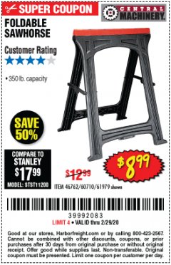 Harbor Freight Coupon CENTRAL MACHINERY 31 IN. PVC FOLDING SAWHORSE, 350 LB. CAPACITY Lot No. 61979 Expired: 2/29/20 - $8.99