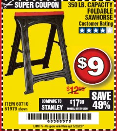 Harbor Freight Coupon CENTRAL MACHINERY 31 IN. PVC FOLDING SAWHORSE, 350 LB. CAPACITY Lot No. 61979 Expired: 6/30/20 - $9