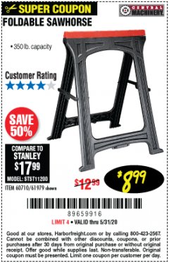 Harbor Freight Coupon CENTRAL MACHINERY 31 IN. PVC FOLDING SAWHORSE, 350 LB. CAPACITY Lot No. 61979 Expired: 6/30/20 - $8.99