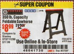 Harbor Freight Coupon CENTRAL MACHINERY 31 IN. PVC FOLDING SAWHORSE, 350 LB. CAPACITY Lot No. 61979 Expired: 8/27/20 - $8.99