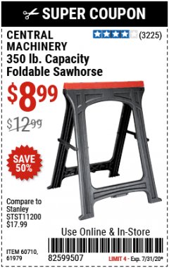 Harbor Freight Coupon CENTRAL MACHINERY 31 IN. PVC FOLDING SAWHORSE, 350 LB. CAPACITY Lot No. 61979 Expired: 7/31/20 - $8.99