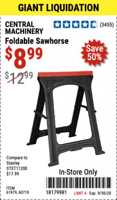 Harbor Freight Coupon CENTRAL MACHINERY 31 IN. PVC FOLDING SAWHORSE, 350 LB. CAPACITY Lot No. 61979 Expired: 9/30/20 - $8.99