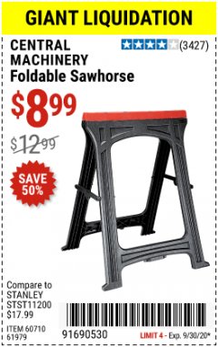 Harbor Freight Coupon CENTRAL MACHINERY 31 IN. PVC FOLDING SAWHORSE, 350 LB. CAPACITY Lot No. 61979 Expired: 9/30/20 - $8.99
