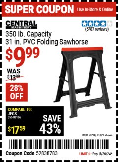 Harbor Freight Coupon CENTRAL MACHINERY 31 IN. PVC FOLDING SAWHORSE, 350 LB. CAPACITY Lot No. 61979 Expired: 5/26/24 - $9.99