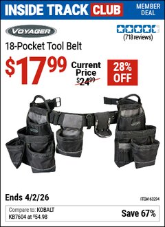Harbor Freight ITC Coupon VOYAGER 18-POCKET TOOL BELT Lot No. 63294 Dates Valid: 12/31/69 - 4/2/26 - $17.99