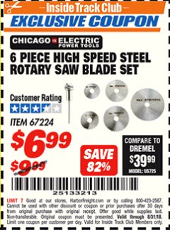 Harbor Freight ITC Coupon CHICAGO ELECTRIC POWER TOOLS HIGH-SPEED STEEL ROTARY SAW BLADE SET, 6-PIECE Lot No. 67224 Expired: 8/31/18 - $6.99