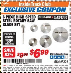 Harbor Freight ITC Coupon CHICAGO ELECTRIC POWER TOOLS HIGH-SPEED STEEL ROTARY SAW BLADE SET, 6-PIECE Lot No. 67224 Expired: 5/31/19 - $6.99