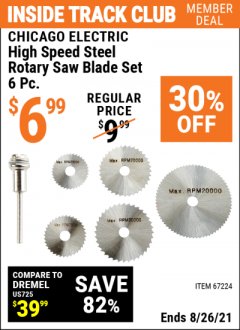 Harbor Freight ITC Coupon CHICAGO ELECTRIC POWER TOOLS HIGH-SPEED STEEL ROTARY SAW BLADE SET, 6-PIECE Lot No. 67224 Expired: 8/26/21 - $6.99