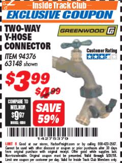 Harbor Freight ITC Coupon GREENWOOD TWO-WAY Y-HOSE CONNECTOR Lot No. 63148 Expired: 5/31/18 - $3.99