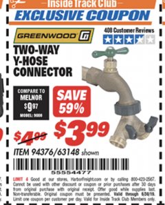 Harbor Freight ITC Coupon GREENWOOD TWO-WAY Y-HOSE CONNECTOR Lot No. 63148 Expired: 6/30/19 - $3.99