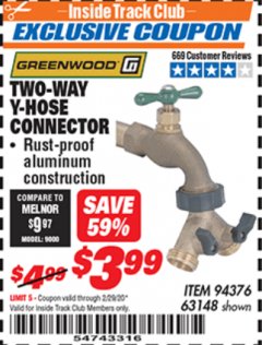 Harbor Freight ITC Coupon GREENWOOD TWO-WAY Y-HOSE CONNECTOR Lot No. 63148 Expired: 2/29/20 - $3.99