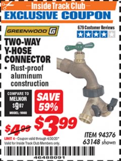 Harbor Freight ITC Coupon GREENWOOD TWO-WAY Y-HOSE CONNECTOR Lot No. 63148 Expired: 4/30/20 - $3.99