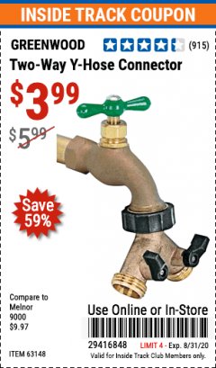 Harbor Freight ITC Coupon GREENWOOD TWO-WAY Y-HOSE CONNECTOR Lot No. 63148 Expired: 8/31/20 - $3.99
