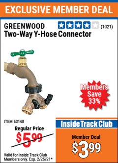 Harbor Freight ITC Coupon GREENWOOD TWO-WAY Y-HOSE CONNECTOR Lot No. 63148 Expired: 2/25/21 - $3.99