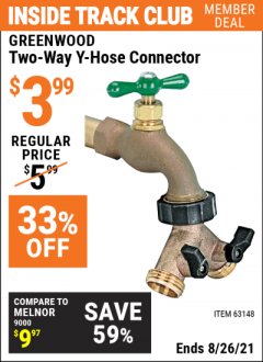 Harbor Freight ITC Coupon GREENWOOD TWO-WAY Y-HOSE CONNECTOR Lot No. 63148 Expired: 8/26/21 - $3.99
