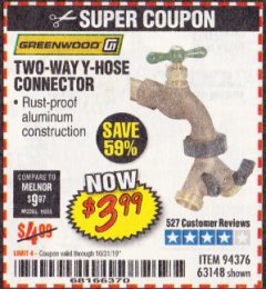 Harbor Freight Coupon GREENWOOD TWO-WAY Y-HOSE CONNECTOR Lot No. 63148 Expired: 10/31/19 - $3.99