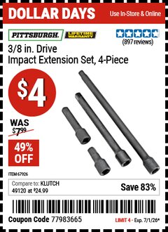 Harbor Freight Coupon PITTSBURGH 3/8 IN. DRIVE IMPACT EXTENSION SET, 4-PIECE Lot No. 67926 EXPIRES: 7/1/26 - $4