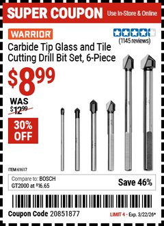 Harbor Freight Coupon WARRIOR CARBIDE TIP GLASS AND TILE CUTTING DRILL BIT SET, 6-PIECE Lot No. 61617 EXPIRES: 3/22/26 - $8.99