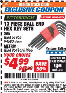 Harbor Freight ITC Coupon PITTSBURGH BALL END HEX KEY SET, 13-PIECE Lot No. 94680/96416 Expired: 5/31/18 - $4.99