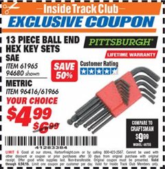 Harbor Freight ITC Coupon PITTSBURGH BALL END HEX KEY SET, 13-PIECE Lot No. 94680/96416 Expired: 6/30/18 - $4.99