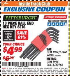 Harbor Freight ITC Coupon PITTSBURGH BALL END HEX KEY SET, 13-PIECE Lot No. 94680/96416 Expired: 5/31/19 - $4.99