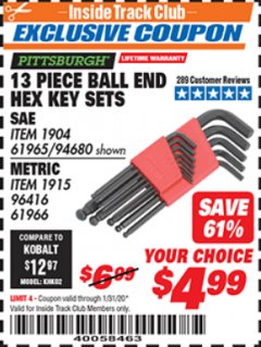 Harbor Freight ITC Coupon PITTSBURGH BALL END HEX KEY SET, 13-PIECE Lot No. 94680/96416 Expired: 1/31/20 - $4.99