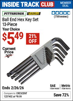 Harbor Freight ITC Coupon PITTSBURGH BALL END HEX KEY SET, 13-PIECE Lot No. 94680/96416 Expired: 2/26/26 - $5.49