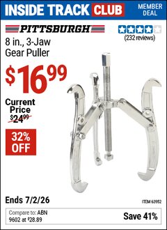 Harbor Freight ITC Coupon PITTSBURGH 8 IN., 3-JAW GEAR PULLER Lot No. 63952 Dates Valid: 12/31/69 - 7/2/26 - $16.99